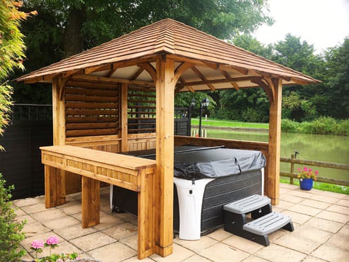 Hot Tub Gazebos 1 Hot tub cover with Cedar Shingle hipped roof